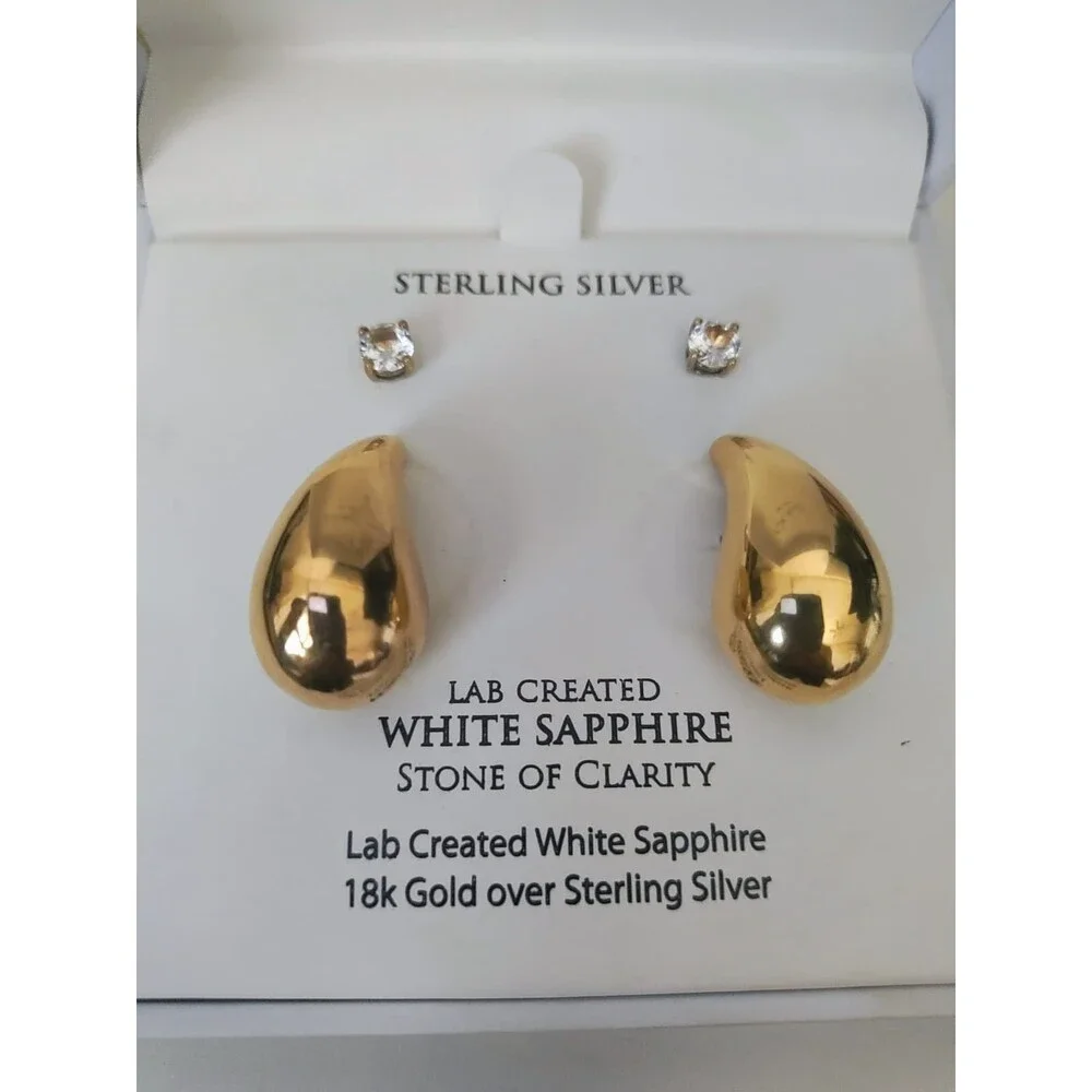 R.H. Macy & Co Lab Grown White Sapphire Stud Earrings Set 14K GP Sterling Silver